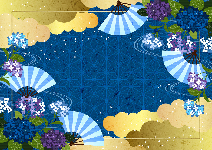 Rainy season, Hydrangea, Illustration, Background, Japanese Pattern, Blue, Horizontal, Cute