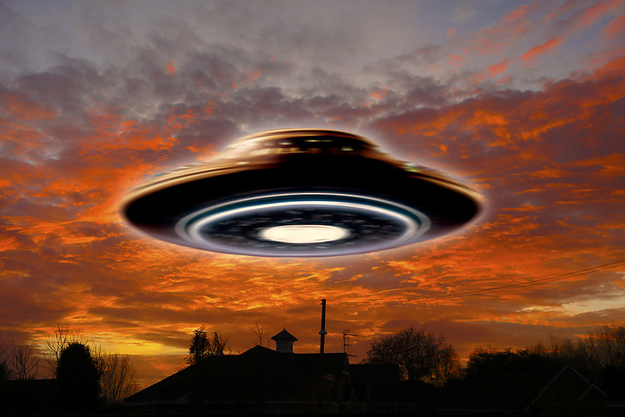 UFO in residential area, illustration Unidentified flying object  UFO  in a residential area, illustration., by VICTOR de SCHWANBERG SCIENCE PHOTO LIBRARY