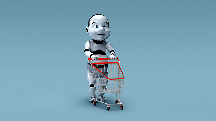 Robot assisted shopping, conceptual illustration Robot assisted shopping, conceptual illustration., by JULIEN TROMEUR SCIENCE PHOTO LIBRARY