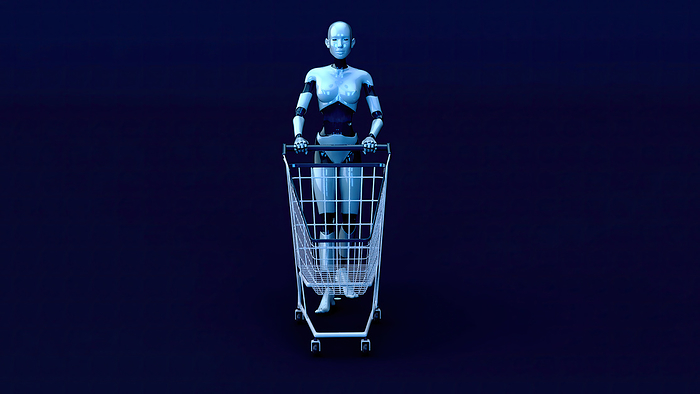 Robot assisted shopping, conceptual illustration Robot assisted shopping, conceptual illustration., by JULIEN TROMEUR SCIENCE PHOTO LIBRARY
