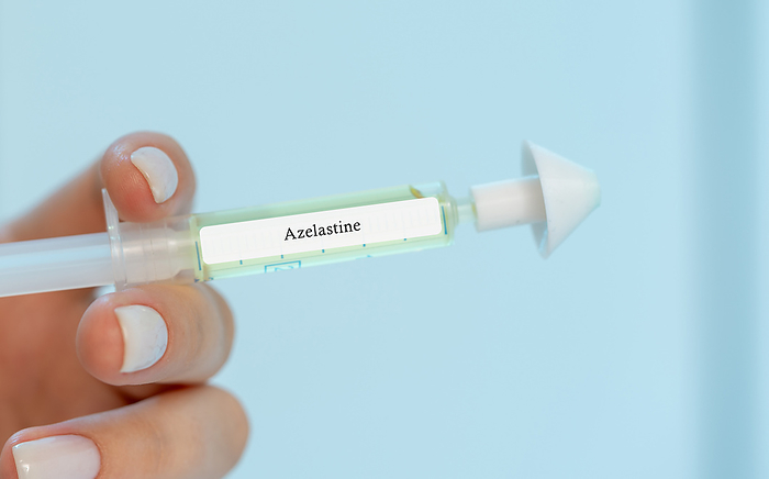 Azelastine intranasal medication, conceptual image Azelastine intranasal medication, conceptual image. An antihistamine that blocks the effects of histamine, providing relief from symptoms such as sneezing, itching, and runny nose., by Wladimir Bulgar SCIENCE PHOTO LIBRARY