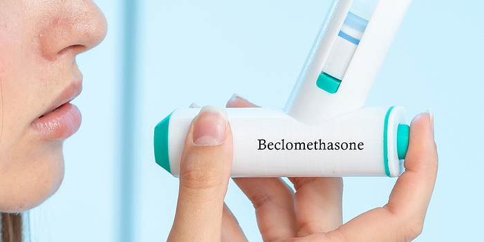 Beclomethasone medical inhaler, conceptual image Beclomethasone medical inhaler, conceptual image. A corticosteroid used for the prevention and control of asthma symptoms., by Wladimir Bulgar SCIENCE PHOTO LIBRARY