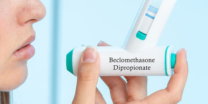 Beclomethasone dipropionate medical inhaler, conceptual image Beclomethasone dipropionate medical inhaler, conceptual image. A corticosteroid used to prevent and control symptoms of asthma by reducing airway inflammation., by Wladimir Bulgar SCIENCE PHOTO LIBRARY