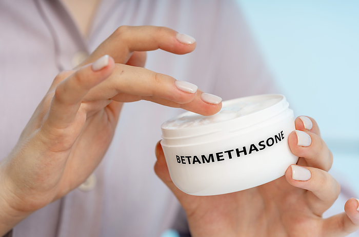 Betamethasone medical cream, conceptual image Betamethasone medical cream, conceptual image. A corticosteroid cream used to reduce inflammation and itching associated with various skin conditions., by Wladimir Bulgar SCIENCE PHOTO LIBRARY