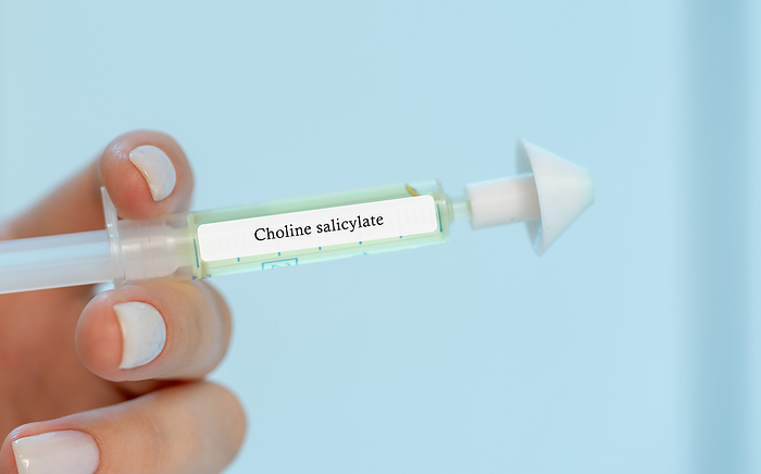 Choline salicylate intranasal medication, conceptual image Choline salicylate intranasal medication, conceptual image. An analgesic and anti inflammatory agent that can provide temporary relief from pain and inflammation in the nasal passages., by Wladimir Bulgar SCIENCE PHOTO LIBRARY
