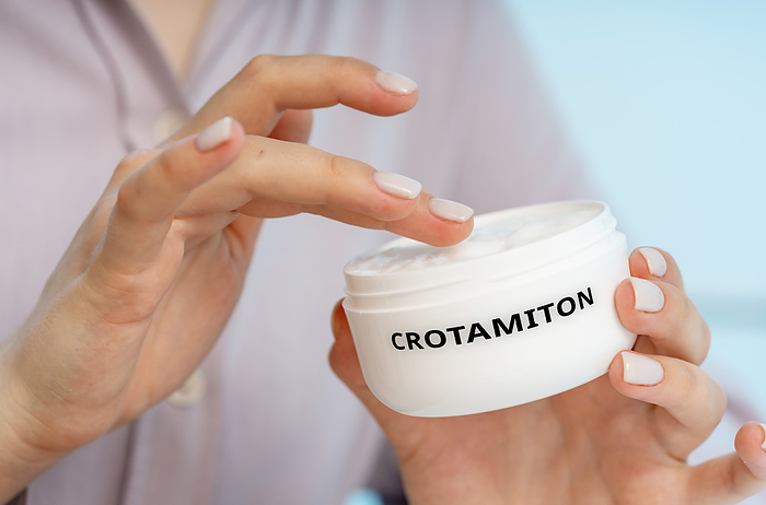 Crotamiton medical cream, conceptual image Crotamiton medical cream, conceptual image. A cream used to treat scabies and relieve itching caused by various skin conditions, including eczema and insect bites., by Wladimir Bulgar SCIENCE PHOTO LIBRARY
