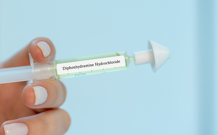 Diphenhydramine hydrochloride nasal spray, conceptual image Diphenhydramine hydrochloride intranasal medication, conceptual image. An antihistamine that provides relief from symptoms of allergic rhinitis, including sneezing, itching, and runny nose., by Wladimir Bulgar SCIENCE PHOTO LIBRARY