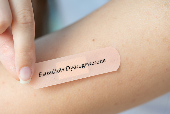 Estradiol and dydrogesterone patch, conceptual image Estradiol and dydrogesterone transdermal patch, conceptual image. Combination hormone therapy used for hormone replacement therapy., by Wladimir Bulgar SCIENCE PHOTO LIBRARY