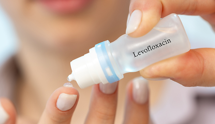 Levofloxacin medical drops, conceptual image Levofloxacin medical drops, conceptual image. A fluoroquinolone antibiotic used to treat bacterial eye and ear infections., by Wladimir Bulgar SCIENCE PHOTO LIBRARY