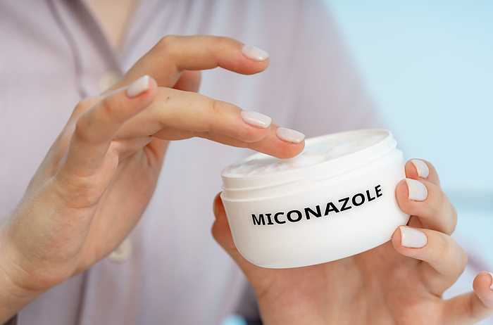 Miconazole medical cream, conceptual image Miconazole medical cream, conceptual image. An antifungal cream used to treat various fungal infections of the skin, including athlete s foot and ringworm., by Wladimir Bulgar SCIENCE PHOTO LIBRARY