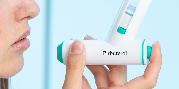 Pirbuterol medical inhaler, conceptual image Pirbuterol medical inhaler, conceptual image. A short acting beta2 adrenergic agonist used for the relief of acute bronchospasm in conditions like asthma and COPD  chronic obstructive pulmonary disease ., by Wladimir Bulgar SCIENCE PHOTO LIBRARY