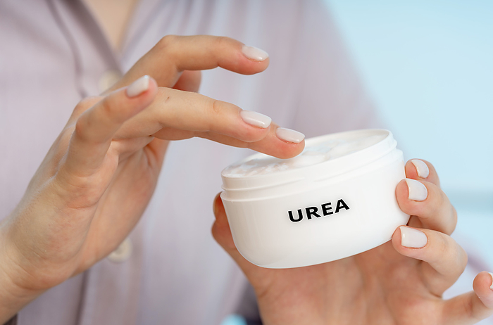 Urea medical cream, conceptual image Urea medical cream, conceptual image. A moisturising cream used to soften and hydrate dry, rough skin and help treat conditions like eczema and psoriasis., by Wladimir Bulgar SCIENCE PHOTO LIBRARY