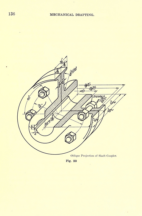 Oblique projection of shafts coupler, illustration Oblique projection of shafts coupler, illustration. From  Mechanical drafting  by Henry Willard Miller, Illinois University  1917 ., by PHOTOSTOCK ISRAEL SCIENCE PHOTO LIBRARY