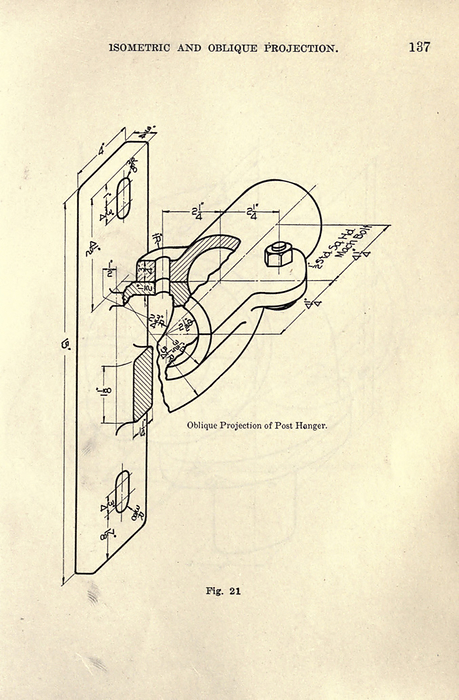 Oblique projection of post hanger, illustration Oblique projection of a post hanger, illustration. From  Mechanical drafting  by Henry Willard Miller, Illinois University  1917 ., by PHOTOSTOCK ISRAEL SCIENCE PHOTO LIBRARY