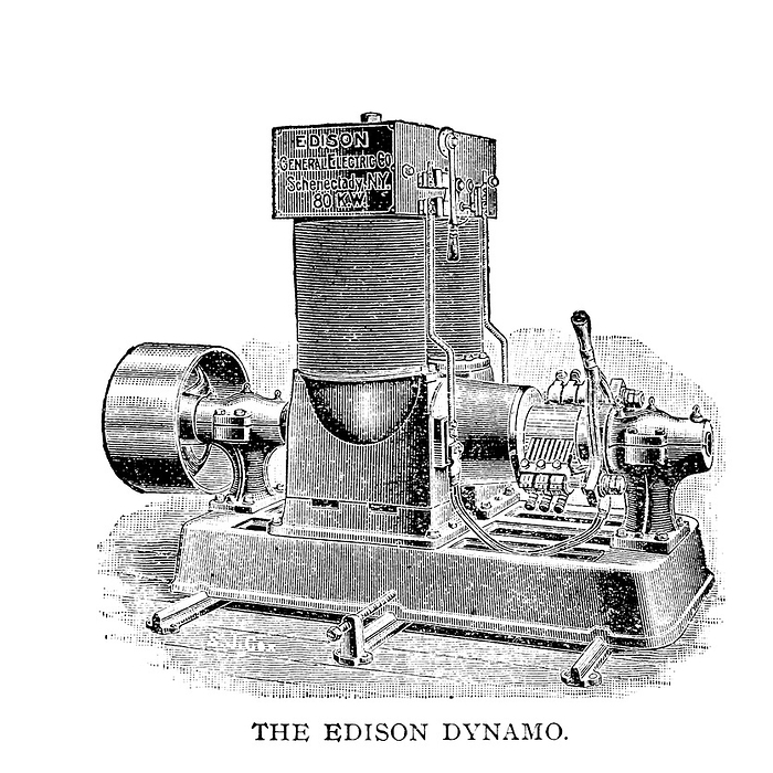 Edison dynamo, illustration Illustration of the Edison Dynamo. From Otto Stephenson s  Illustrated practical test, examination and ready reference book for stationary, locomotive and marine engineers, firemen, electricians and machinists, to procure steam engineer s licence   1891 ., by PHOTOSTOCK ISRAEL SCIENCE PHOTO LIBRARY