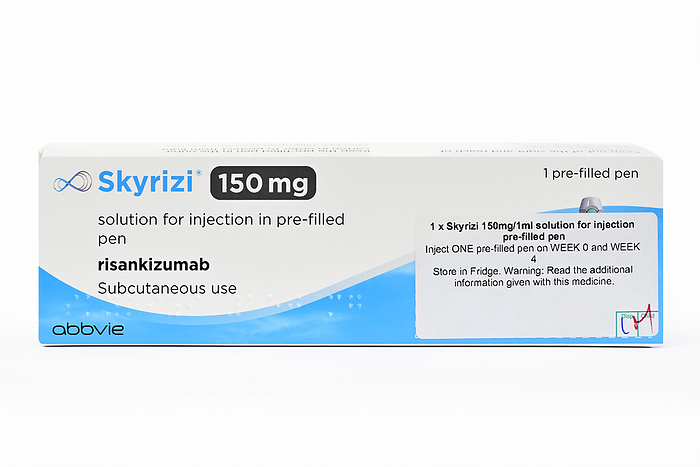 Risankizumab autoinjector for psoriasis treatment Packaging for risankizumab autoinjector pen box. Marketed as Skyrizi, Risankizumab is a humanised monoclonal antibody that binds to interleukin 23A  IL 23A  and blocks the activity of pro inflammatory cytokines. Risankizumab is used to treat moderate to severe plaque psoriasis and active psoriatic arthritis., by DR P. MARAZZI SCIENCE PHOTO LIBRARY