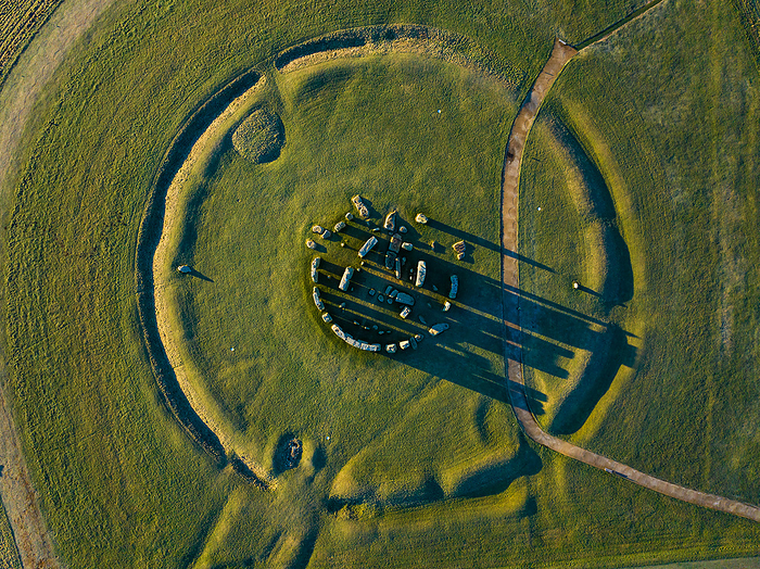 Aerial view of main Stonehenge site, Wiltshire, UK Aerial mosaic view of the main site at Stonehenge in Wiltshire, UK, with Larsen stones and circular ditch. Stonehenge is one of the most famous prehistoric monuments in the world, it consists of a ring of standing stones, each around 4 metres high, 2.1 metres wide, and weighing around 23 tonnes. The construction of Stonehenge is believed to have started around 3000 BCE. Although it s exact purpose remains a topic of debate, it is thought to have been used as a burial ground, an astronomical observatory, and a site for religious rituals and ceremonies. Today, Stonehenge is a UNESCO World Heritage Site., by LIGHTNING STRIKE MEDIA SCIENCE PHOTO LIBRARY