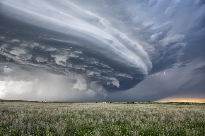 Supercell thunderstorm, Montana, USA Supercell thunderstorm over rolling prairies in southeast Montana, USA. A supercell thunderstorm is a severe long lived storm within which the wind speed and direction changes with height. This produces a strong rotating updraft of warm air, known as a mesocyclone, and a separate downdraft of cold air. Tornadoes may form in the mesocyclone, in which case the storm is classified as a tornadic supercell thunderstorm. The storms also produce torrential rain and hail. Photographed on 19th June 2023., by ROGER HILL SCIENCE PHOTO LIBRARY