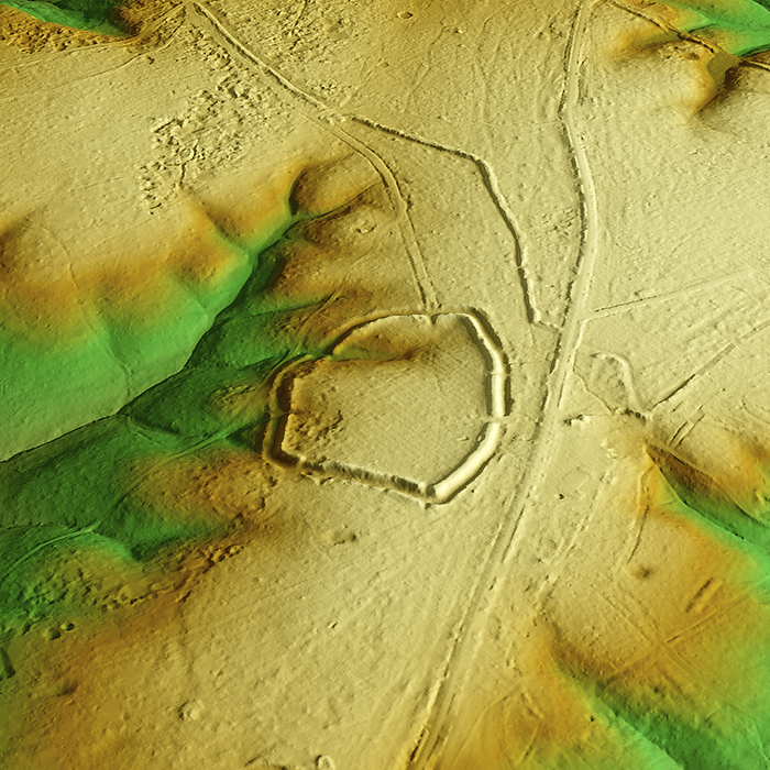 Ambresbury Banks, UK, 3D LiDAR scan 3D LiDAR scan of Ambresbury Banks in Essex, UK. The digital terrain model offers a view of the surrounding landscape without obstruction from foliage. This ancient hillfort dates back to the Iron Age, roughly between 700 BCE and 42 CE. It is believed to have been occupied and used for defensive purposes. Image contains UK public sector information licensed under the Open Government Licence v3.0., by SIMON TERREY SCIENCE PHOTO LIBRARY