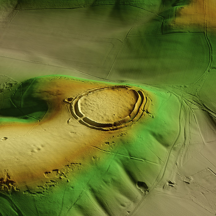 Barbury Castle, UK, 3D LiDAR scan 3D LiDAR scan of Barbury Castle in Wiltshire, UK. The digital terrain model offers a view of the surrounding landscape without obstruction from foliage. This ancient hillfort dates back to the Iron Age, roughly 2500 years ago. It is believed to have been occupied and used for defensive purposes. Image contains UK public sector information licensed under the Open Government Licence v3.0., by SIMON TERREY SCIENCE PHOTO LIBRARY