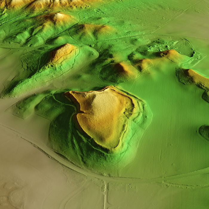 Berth Hill, UK, 3D LiDAR scan 3D LiDAR scan of Berth Hill in Staffordshire, UK. The digital terrain model offers a view of the surrounding landscape without obstruction from foliage. This ancient hillfort is one of many hillforts found across the UK and dates back to the Iron Age, roughly between 800 BCE and 43 CE. Image contains UK public sector information licensed under the Open Government Licence v3.0., by SIMON TERREY SCIENCE PHOTO LIBRARY