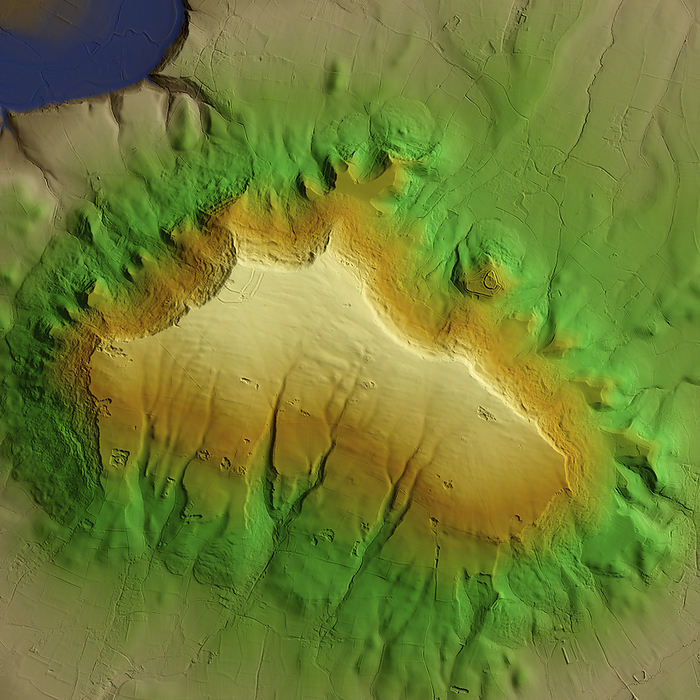 Bredon Hill, UK, 3D LiDAR scan 3D LiDAR scan of Bredon Hill in Worcestershire, UK. The digital terrain model offers a view of the surrounding landscape without obstruction from foliage. Bredon Hill is home to an Iron Age hill fort known as Kemerton Camp. This is one of many hillforts found across the UK and dates back to the Iron Age, roughly around between 700 BCE and 43 CE. These hillforts served as fortified settlements or defensive structures for ancient communities, offering protection and strategic control over the surrounding territory. Image contains UK public sector information licensed under the Open Government Licence v3.0., by SIMON TERREY SCIENCE PHOTO LIBRARY