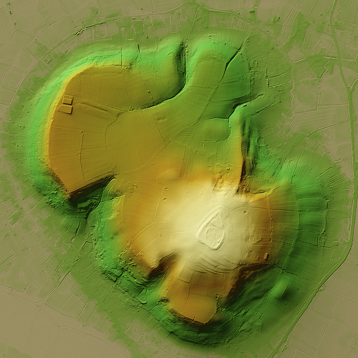 Brent Knoll Camp, UK, 3D LiDAR scan 3D LiDAR scan of Brent Knoll Camp in Somerset, UK. The digital terrain model offers a view of the surrounding landscape without obstruction from foliage. This is one of many hillforts found across the UK and dates back to the Iron Age, roughly around 2000 BCE. It covers an area of 16,000 square metres. These hillforts served as fortified settlements or defensive structures for ancient communities, offering protection and strategic control over the surrounding territory. Image contains UK public sector information licensed under the Open Government Licence v3.0., by SIMON TERREY SCIENCE PHOTO LIBRARY