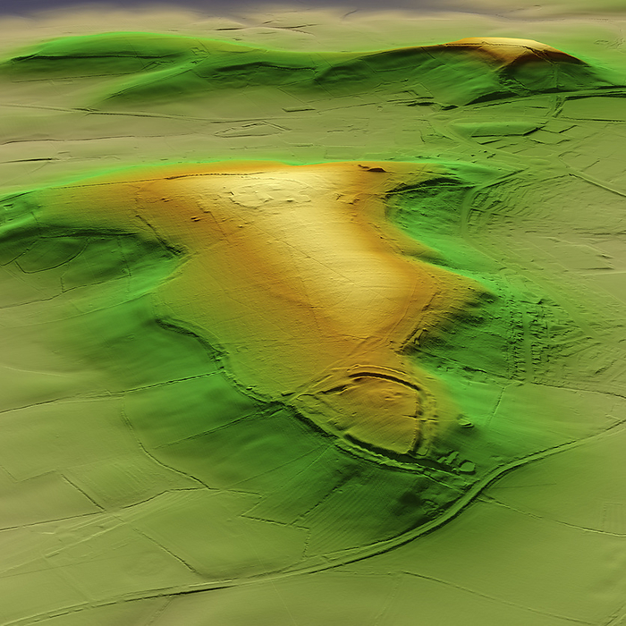 Borough Hill, UK, 3D LiDAR scan 3D LiDAR scan of Borough Hill in Northamptonshire, UK. The digital terrain model offers a view of the surrounding landscape without obstruction from foliage. This is one of many hillforts found across the UK. Remains have been found on the hill of two Iron Age hill forts, two Bronze Age barrows and a Roman villa and farming settlement. These hillforts are typically situated on hilltops and enclosed by earthworks such as ramparts and ditches. They served as fortified settlements or defensive structures for ancient communities, offering protection and control over the surrounding territory. Image contains UK public sector information licensed under the Open Government Licence v3.0., by SIMON TERREY SCIENCE PHOTO LIBRARY