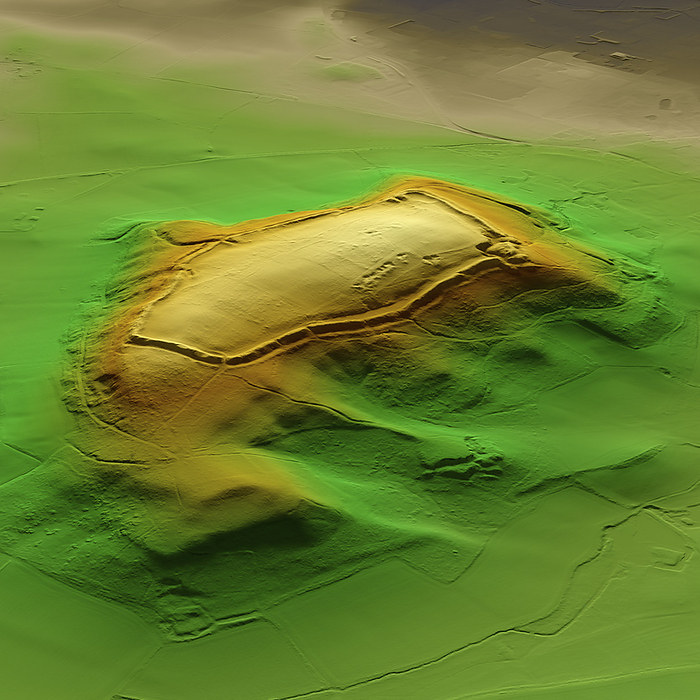 Credenhill Camp, Herefordshire, 3D LiDAR scan 3D LiDAR model of Credenhill Camp, an Iron Age hillfort in Herefordshire, UK. The digital terrain model offers a view of the surrounding landscape without obstruction from foliage. Hillforts were settlements constructed on natural hills, typically fortified with earthworks around the contours of the hill. They were widely constructed across Britain and Ireland in the centuries preceding the Roman conquest of the regions. Credenhill Camp is the second largest Iron Age hill fort in the UK. It was occupied from around 750 BCE to 45 CE. Image contains UK public sector information licensed under the Open Government Licence v3.0., by SIMON TERREY SCIENCE PHOTO LIBRARY