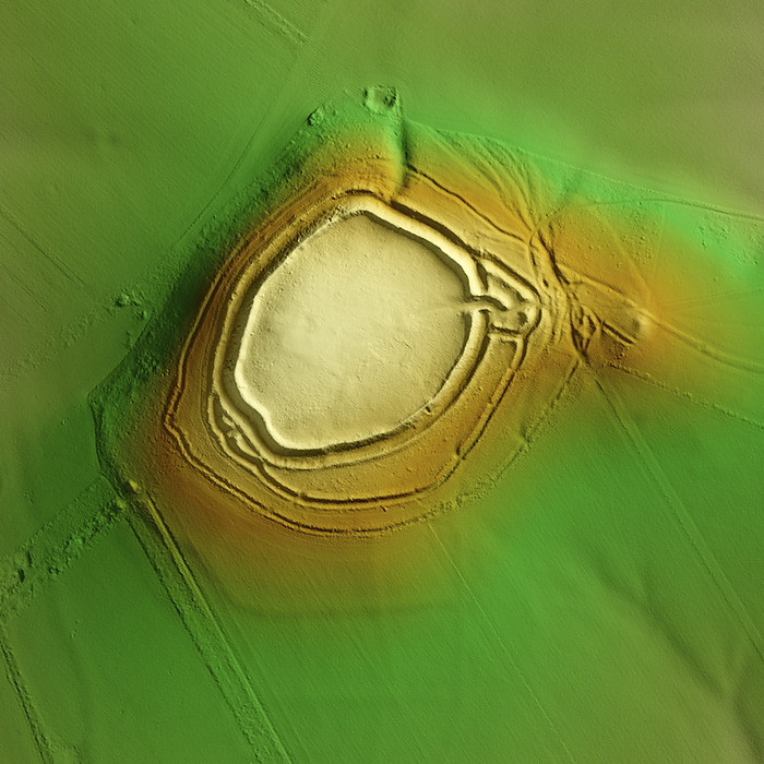 Danebury Camp, Hampshire, 3D LiDAR scan 3D LiDAR model of Danebury Camp, an Iron Age hillfort in Hampshire, UK. The digital terrain model offers a view of the surrounding landscape without obstruction from foliage. Hillforts were settlements constructed on natural hills, typically fortified with earthworks around the contours of the hill. They were widely constructed across Britain and Ireland in the centuries preceding the Roman conquest of the regions. Evidence found suggests that the fort was built 2500 years ago and occupied for nearly 500 years until the arrival of the Romans. Image contains UK public sector information licensed under the Open Government Licence v3.0., by SIMON TERREY SCIENCE PHOTO LIBRARY