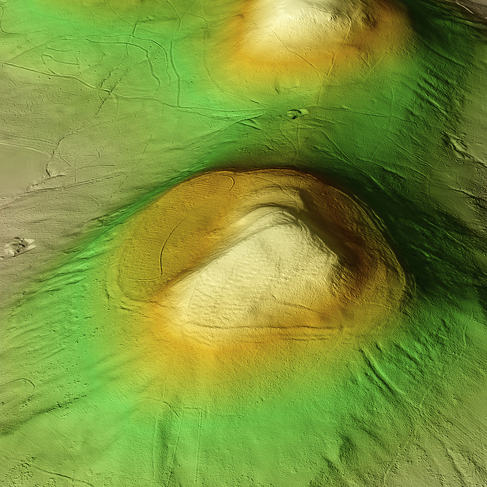 Eildon Hill, Scotland, 3D LiDAR scan 3D LiDAR model of Eildon Hill an Iron Age hillfort in Melrose, Scotland. The digital terrain model offers a view of the surrounding landscape without obstruction from foliage. Eildon Hill reaches 422 metres high and covers an area of around 162,000 square metres making it one of the largest hillforts known in Scotland. Hillforts were settlements constructed on natural hills, typically fortified with earthworks around the contours of the hill. They were widely constructed across Britain and Ireland in the centuries preceding the Roman conquest of the regions. Excavations have revealed evidence that the hill fort was occupied from 1000 BCE, in the Bronze Age. Image contains UK public sector information licensed under the Open Government Licence v3.0., by SIMON TERREY SCIENCE PHOTO LIBRARY