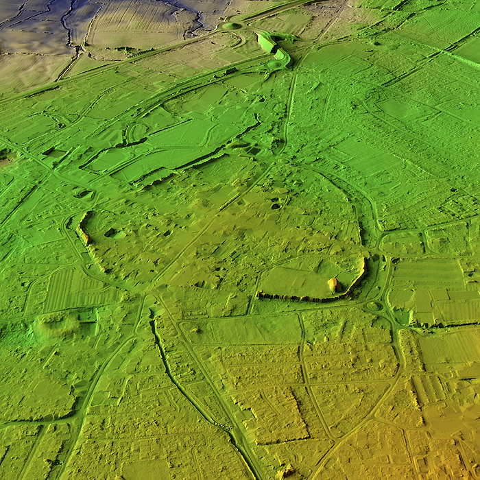 Chichester Roman City Walls, UK, 3D LiDAR scan 3D LiDAR model of Chichester Roman City Walls, in West Sussex, UK. The digital terrain model offers a view of the surrounding landscape without obstruction from foliage. Chichester was founded by the Romans in the 1st century CE. Constructed in the 3rd century CE, the walls enclosed an area of around 2.4 kilometres and featured defensive towers and gates. Four main Roman streets still define the shape of the city, and traces of the Roman forum, houses and public baths are visible in places. Image contains UK public sector information licensed under the Open Government Licence v3.0., by SIMON TERREY SCIENCE PHOTO LIBRARY