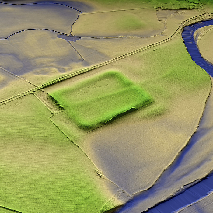 Forden Gaer, Wales, 3D LiDAR scan 3D LiDAR model of Forden Gaer a Roman fort in Powys, Wales. The digital terrain model offers a view of the surrounding landscape without obstruction from foliage. The Roman settlement was established in the mid 1st century CE and was focused on a large earthwork enclosure. The fort was strategically built on the old Roman Road, which runs between Wroxeter and Caersws, and crosses the River Severn. Image contains UK public sector information licensed under the Open Government Licence v3.0., by SIMON TERREY SCIENCE PHOTO LIBRARY