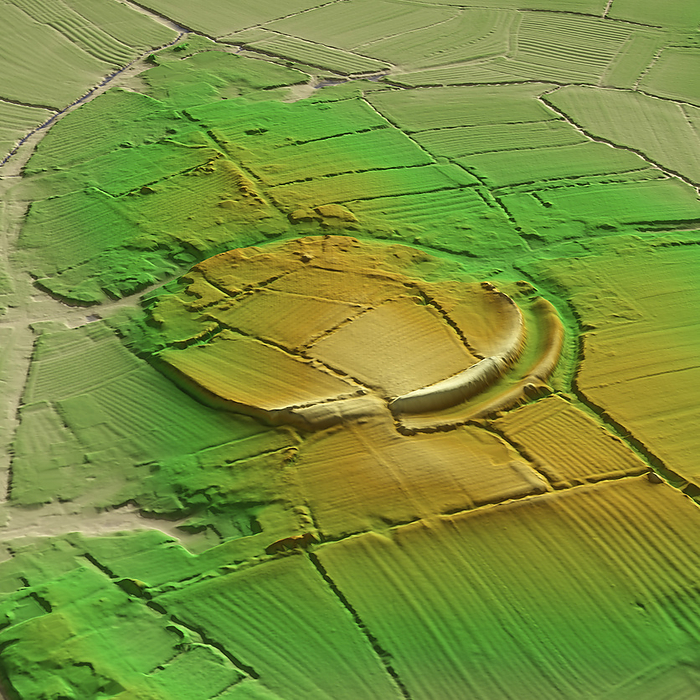 Oldbury Camp, UK, 3D LiDAR scan 3D LiDAR model of Oldbury Camp, an Iron Age hillfort in Gloucestershire, UK. The digital terrain model offers a view of the surrounding landscape without obstruction from foliage. Hillforts were settlements built on natural hills, fortified with earthworks around the hill s contours. These were widely constructed across Britain and Ireland in the centuries leading up to the Roman conquest of these regions. Oldbury Camp was built into the hill around about 100 BCE. It covers an area of around 500,000 square metres and includes over 3 kilometres of ramparts. Image contains UK public sector information licensed under the Open Government Licence v3.0., by SIMON TERREY SCIENCE PHOTO LIBRARY