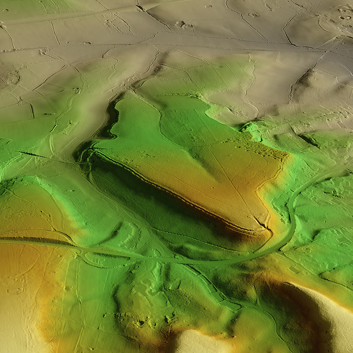 Oldbury Hillfort, UK, 3D LiDAR scan 3D LiDAR model of Oldbury Hillfort in Kent, UK. The digital terrain model offers a view of the surrounding landscape without obstruction from foliage. Hillforts were settlements built on natural hills, fortified with earthworks around the hill s contours. These were widely constructed across Britain and Ireland in the centuries leading up to the Roman conquest of these regions. Oldbury Hillfort was built in the 1st century BCE by Celtic British tribes. Image contains UK public sector information licensed under the Open Government Licence v3.0., by SIMON TERREY SCIENCE PHOTO LIBRARY