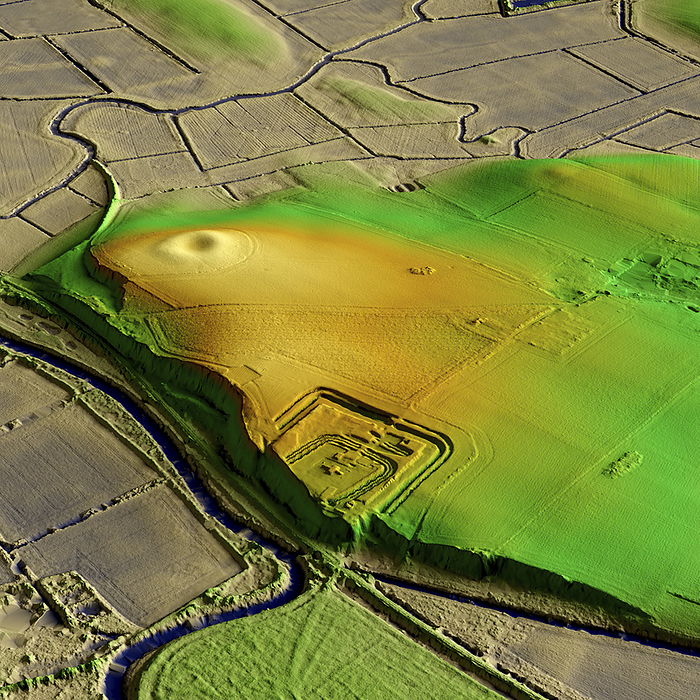 Richborough Castle, UK, 3D LiDAR scan 3D LiDAR model of Richborough Castle, a Roman fort in Kent, UK. The digital terrain model offers a view of the surrounding landscape without obstruction from foliage. Extensive remains of the massive fort walls still stand to a height of several metres. It is part of a larger Roman town called Rutupiae or Portus Ritupis that developed around the fort and the associated port. The settlement was established after Roman conquest of Britain in 43 CE. Image contains UK public sector information licensed under the Open Government Licence v3.0., by SIMON TERREY SCIENCE PHOTO LIBRARY