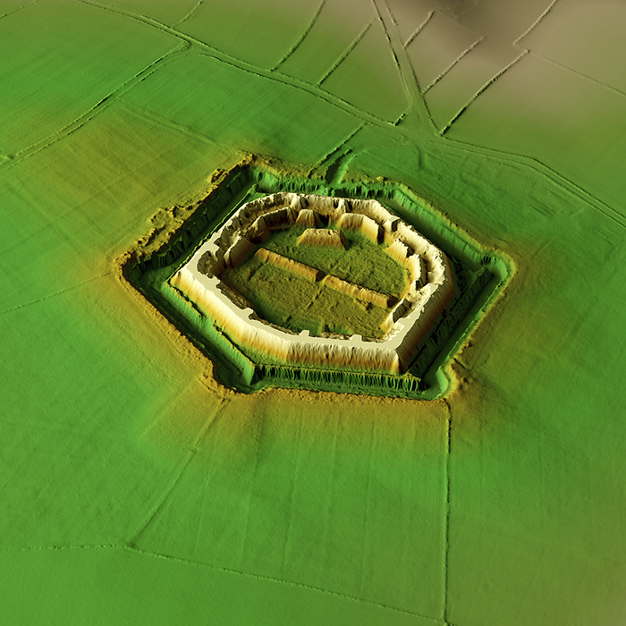 Scoveston Fort, Wales, 3D LiDAR scan 3D LiDAR model of Scoveston Fort in Pembrokeshire, Wales. The digital terrain model offers a view of the surrounding landscape without obstruction from foliage. This military fortification dates back to the late 19th century. It is one of a ring of defensive fortifications constructed around the natural harbour of Milford Haven. The construction of the forts was first proposed by the 1860 Royal Commission into the defence of the United Kingdom, which was held in response to the perceived strength of the the French Navy. Image contains UK public sector information licensed under the Open Government Licence v3.0., by SIMON TERREY SCIENCE PHOTO LIBRARY