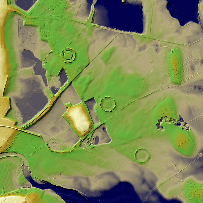 Thornborough Henges, UK, 3D LiDAR scan The digital terrain model offers a view of the surrounding landscape without obstruction from foliage. This is a unique cluster of Neolithic monuments that lies on a raised plateau above the river Ure. The three huge circular henges  sometimes described as the  Stonehenge of the North  were built here about 4,500 years ago over an earlier The site includes many large ancient structures including a cursus, henges, burial grounds and settlements. information licensed under the Open Government Licence v3.0., by SIMON TERREY SCIENCE PHOTO LIBRARY
