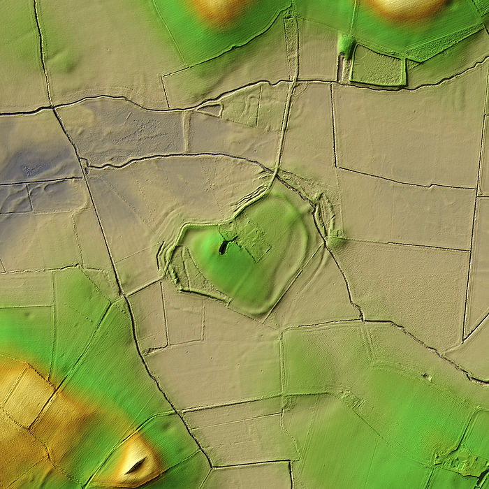 Wall Camp, UK, 3D LiDAR scan 3D LiDAR scan of Wall Camp in Staffordshire, UK. This digital terrain model reveals the site hidden by foliage and the disrupted pattern of the landscape. This ancient hillfort is one of many found across the UK and dates back to the Iron Age, roughly between 700 BC and 43 AD. These hillforts served as fortified settlements or defensive structures for ancient communities, offering protection and strategic control over the surrounding territory. Image contains UK public sector information licensed under the Open Government Licence v3.0., by SIMON TERREY SCIENCE PHOTO LIBRARY