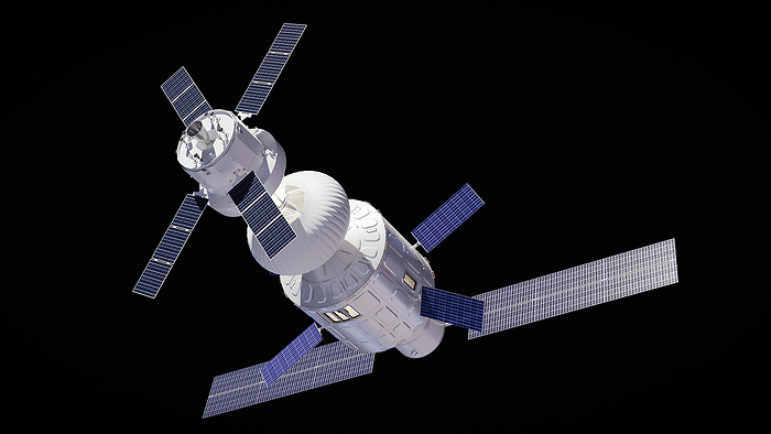 Airbus Loop space station, illustration Illustration of the Airbus Loop space station, with a connected Spartan Space inflatable module and a docked Orion European Service Module. Airbus has proposed a multi purpose orbital module called the Airbus Loop space station. This space platform is designed to be flown into orbit as a ready to use module. The LOOP is 8 metres in size and is designed to fit into the upcoming generation of superheavy launchers, such as SpaceX s Starship. It can thus be deployed with a single launch and become habitable immediately after reaching orbit. The Loop has three customisable decks that are connected via a tunnel surrounded by an integrated greenhouse. This concept space habitat aims to offer more internal space to its occupants than existing space stations. The Loop could be ready to fly in the early 2030s., by AIRBUS DEFENCE AND SPACE   SCIENCE PHOTO LIBRARY