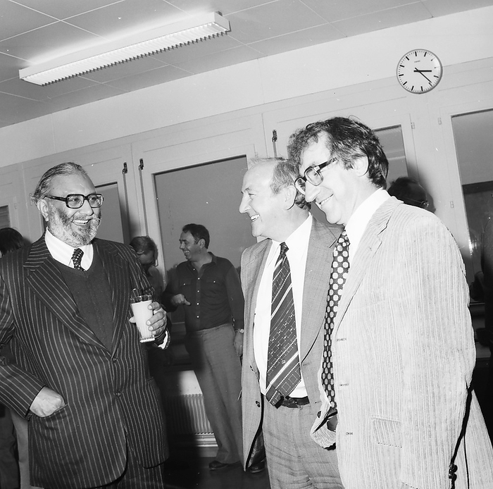 Pakistani physicist Abdus Salam at CERN Abdus Salam  1926 1996, left , Pakistani physicist and Nobel Laureate, at an event in his honour talking with Tom Ball and Paul Musset  right . Salam s early career drifted between Lahore, the Punjab University and Cambridge. Salam s main work was in the theory relating to the unification of the electromagnetic and weak nuclear forces. This work earned him a share of the Nobel Prize for Physics in 1979. He was the first Pakistani and first Muslim from an Islamic country to receive a Nobel Prize in science. The theory predicted the existence of neutral currents and the W and Z intermediate vector bosons, which have since been discovered experimentally. Salam was a prominent advocate for theoretical physics in the developing world. Photographed at CERN  European Organization for Nuclear Research , Geneva, on 26 Oct 1979., by CERN SCIENCE PHOTO LIBRARY  Editorial use only. This image may not be used to state or imply endorsement by CERN or CERN employees of any product, activity or service. Not to be used in a military context.