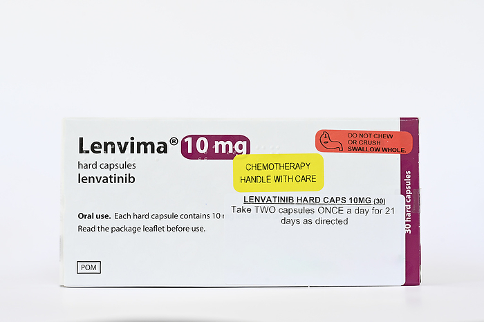 Lenvima cancer medication Box containing capsules of the cancer drug lenvatinib, marketed as Lenvima. It belongs to a class of drugs known as tyrosine kinase inhibitors, which work by blocking the action of specific enzymes involved in the growth and spread of cancer cells. Common side effects of lenvatinib may include fatigue, hypertension, diarrhoea and decreased appetite., by DR P. MARAZZI SCIENCE PHOTO LIBRARY