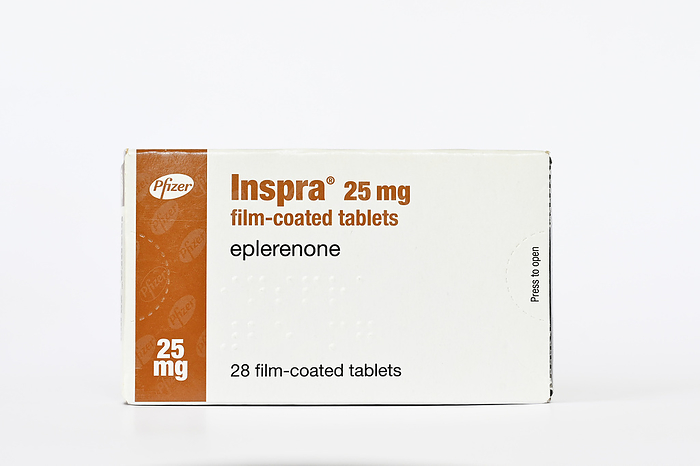 Eplerenone cardiology drug Eplerenone cardiology drug. Box containing tablets of eplerenone, marketed under the name Inspra. Eplerenone is an aldosterone antagonist used as an adjunct in the management of chronic heart failure., by DR P. MARAZZI SCIENCE PHOTO LIBRARY
