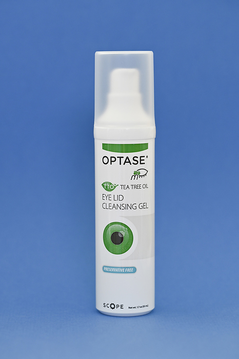 Tea tree oil eyelid gel Tea tree oil eyelid gel. This is a cleansing gel for daily eyelid hygiene. It helps keep eyelid debris and excess oils under control for effective relief from symptoms of blepharitis and dry eyes., by DR P. MARAZZI SCIENCE PHOTO LIBRARY