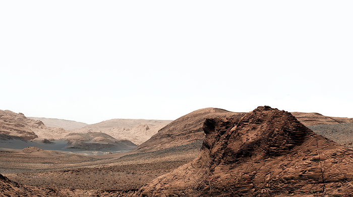 Gediz Vallis, valley on Mars, Curiosity rover image Coloured composite image of Gediz Vallis, a valley on Mars. Boulder and debris can be seen on the valley floor, which may have been swept there by flowing water billions of years ago. Image captured by the Curiosity Mars rover s Mastcam on 7 November 2022., by NASA, JPL Caltech, MSSS SCIENCE PHOTO LIBRARY