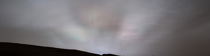 Sun rays on Mars, Curiosity rover image Composite image of Sun rays on Mars, captured by Curiosity rover s Mastcam on 2 February, 2023. These rays only appear near sunrise or sunset, and are known as crepuscular rays. This cloud is thought to be higher than most clouds on Mars. The conditions at such an altitude on Mars would suggest that this cloud is formed of carbon dioxide  dry ice . Clouds are relatively rare on Mars, only forming in certain areas when Mars is furthest from the Sun. Scientists hope to study clouds such as these, which appear earlier in the Martian year, to better understand how clouds form on Mars., by NASA, JPL Caltech, MSSS, SSI SCIENCE PHOTO LIBRARY
