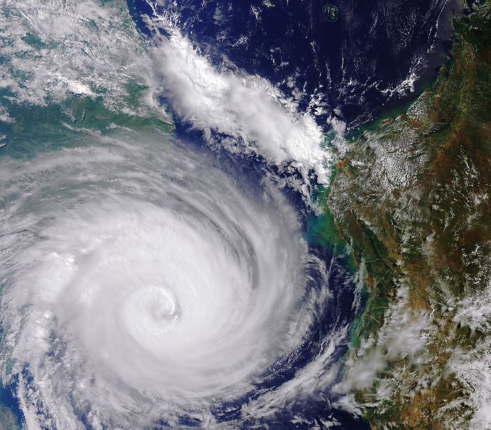 Cyclone Idai west of Madagascar, satellite image Satellite image of cyclone Idai to the west of Madagascar on 13 March 2019. Cyclone Idai affected Mozambique, Malawi and Zimbabwe during March 2019. It was one of the worst tropical cyclones on record, causing over 1,500 deaths as well as widespread destruction of houses, crops and roads. The width of Idai in this image is around 1,000km, though the full extent is not captured. This image was captured by the Copernicus Sentinel 3 satellite., by EUROPEAN SPACE AGENCY SCIENCE PHOTO LIBRARY