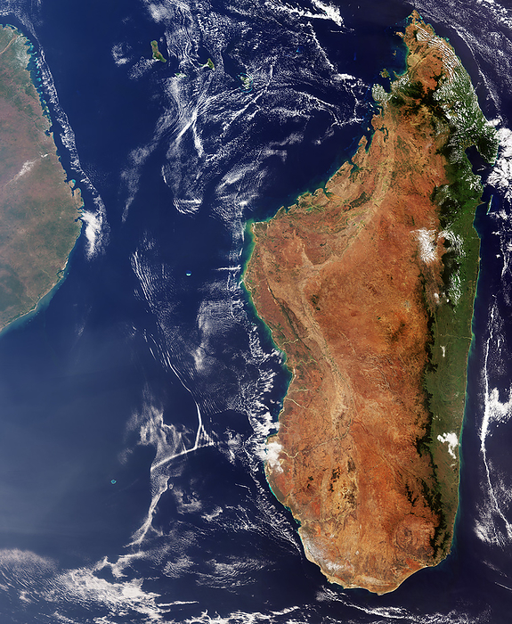 Madagascar, satellite image Satellite image of Madagascar  right  off the coast of Mozambique  left  in the Indian Ocean. Madagascar is the 4th largest island in the world. was captured by Copernicus Sentinel 3 s ocean and land color instrument  OLCI  in 2018. by EUROPEAN SPACE AGENCY SCIENCE PHOTO LIBRARY