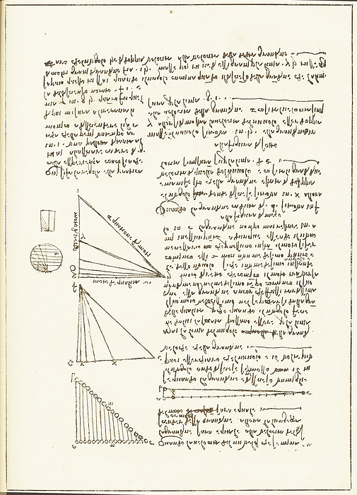 Leonardo da Vinci s visualisation of gravity Page from a note book of Leonardo da Vinci which had been written in his reversed writing, mostly between 1480 and 1518. Recent studies by engineers of Leonardo s centuries old geometric sketches of triangles concluded that they were part of his experiments in visualising gravity as a form of acceleration. On a hypotenuse he wrote  Equatione di Moti  or equalisation of motions. The key aspects of gravity were understood by Leonardo not only a century before Galileo, but much before Newton and four centuries earlier than Einstein. Also, in the De Architectura of Vitruvius, the Roman architect and military engineer  1st century BCE  understood that objects fall based on their specific gravity. Leonardo s documents on groundbreaking scientific investigations and early mathematical studies are gathered in the Codex Arundel., by SHEILA TERRY SCIENCE PHOTO LIBRARY