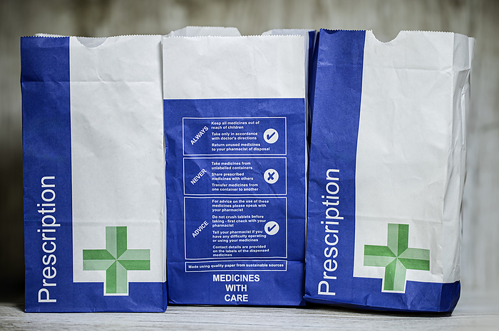 Prescription packaging Prescription packaging the UK., by IAN GOWLAND SCIENCE PHOTO LIBRARY